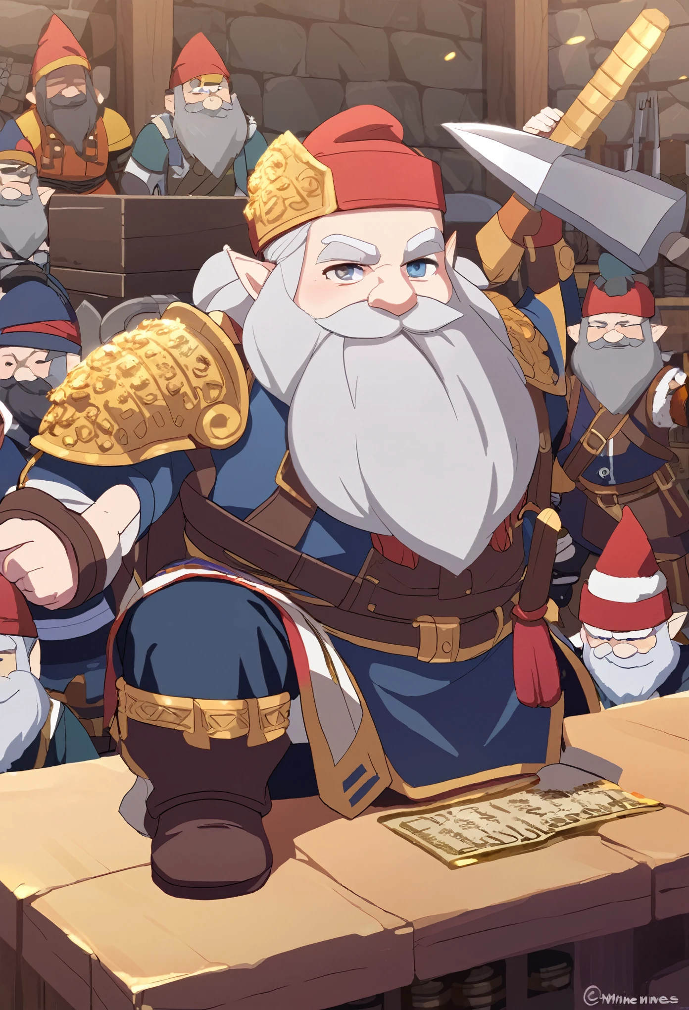 Dwarf Man, short stature, long hammer, arms dealer, shop with weapons and armor, gnome mine, long beard with pigtails, silver and gold-encrusted shoulder pads