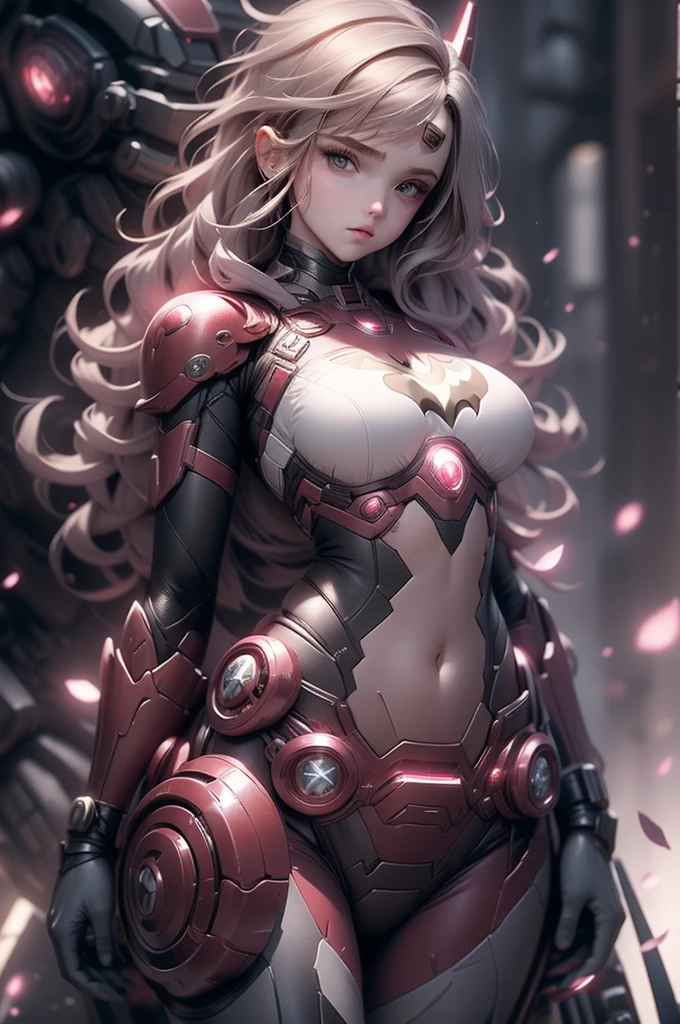 1girl, Merge Emma Watson mix Scarlett Johansson, (big breasts sticking out:2, small waist, medium hips), gray color slim fit ironman dressed, red color slim fit batman armor, black color wonder-woman dressed armor