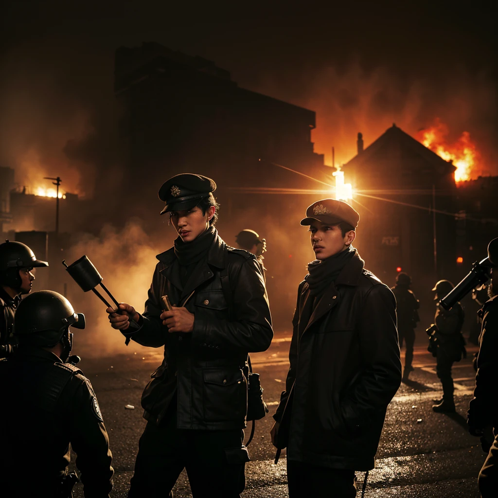 (very sharp result) (((textile shading))), (((Best Quality))), (((masterpiece))), (((hyper realistic photo))) on war situation (dramatic candid photography) contrast backlight shade lighting treatment: (iconic banksy pose) a boy with cap & scarf throw a molotov cocktail bomb on riot situation, full smoke & chaos with police & people power, red mood lighting