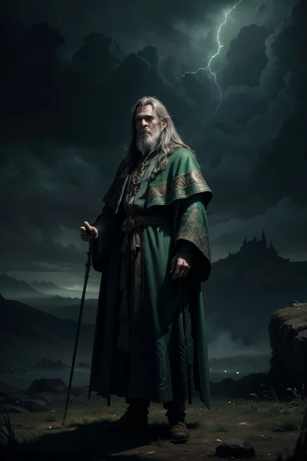 a medieval wizard standing in a dark background, green clouds, detailed magic robe, detailed facial features, intricate magical symbols, dramatic lighting, cinematic composition, highly detailed, digital painting, fantasy art, concept art