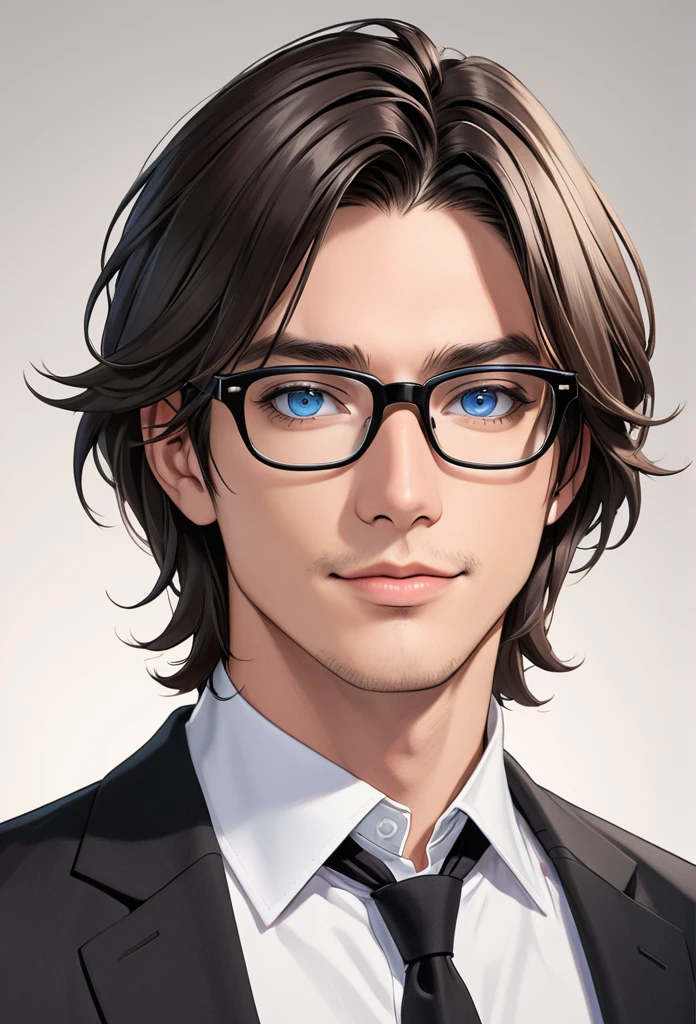 adult male, brunette, medium-length hair, blue eyes, black-rimmed glasses