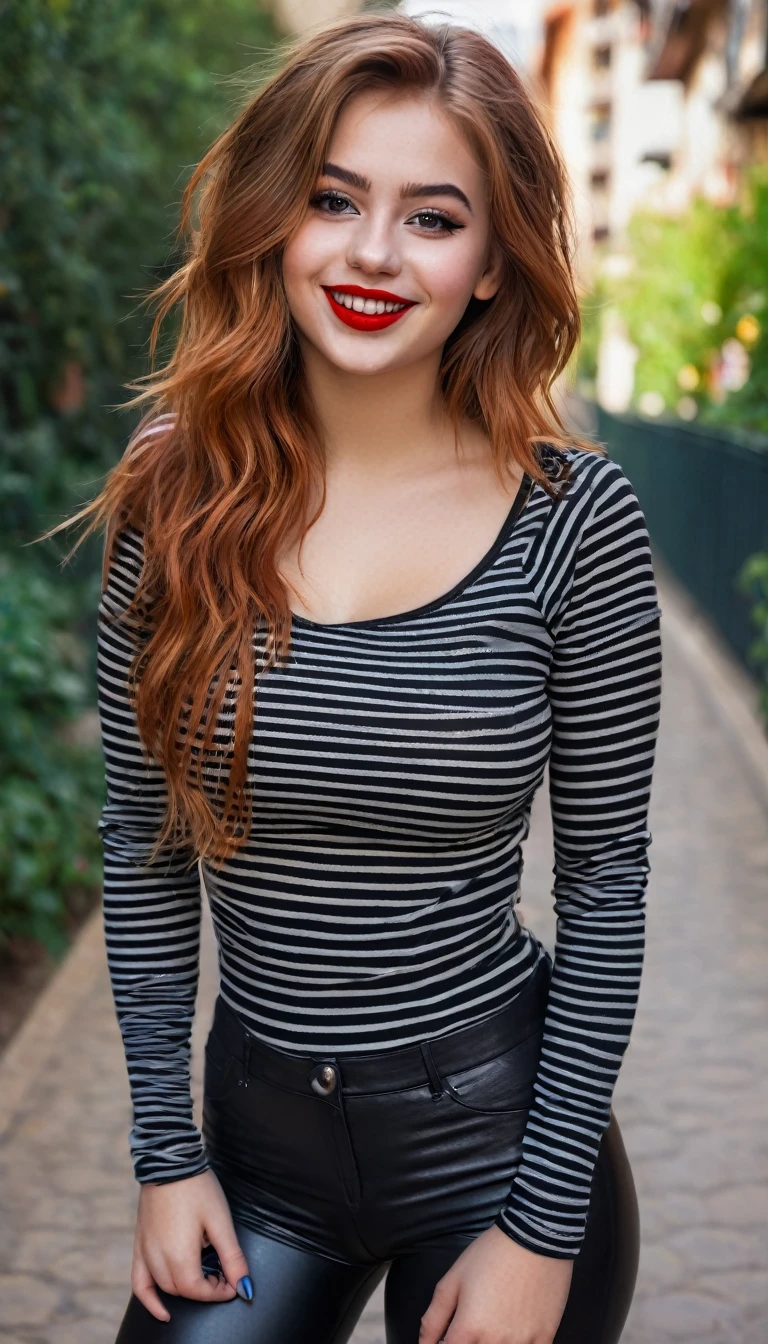 ultrarealistic high quality full body photo of a beautiful super busty slim european 19-year-old woman with cute hyperdetailed shy face and redhead shoulder length messy hair and shy smile, realistic round black eyes, red lips, dark eye makeup with eyeliner, wearing striped longsleeve and faux leather leggins, hourglass body, tanned, outdoor photography