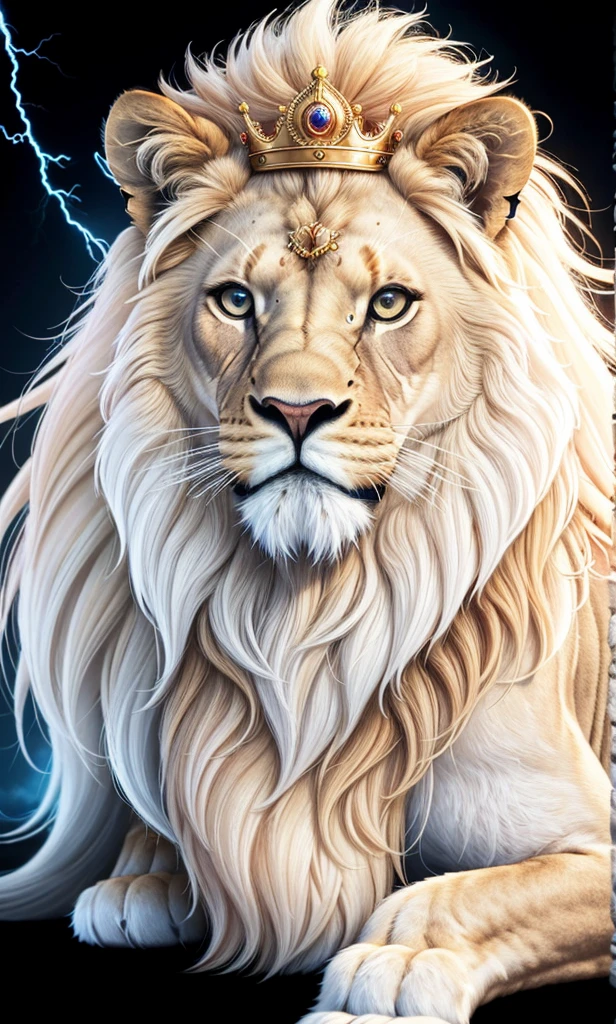 Lion, Divine Lion, naturals, thunder, Realistic Lion, rey, realistic detailed, Sunset light, sky, Sol noturno, realistic detailed 16K, Eletricidade Detalhada 8K, darkness background, Texturas realistas de 8K, Cores photorrealistic 8K, fire azul, realistic detailed Fire Bolt, sky Light Detailed, Power of thunder, Divine realistic, golden crown, golden crown, golden crown, naturey, Linda, Rendering, photorrealistic, UltraHigh definition, 4K, detailed textures, thunder, detailed shadows, detailed colors, neon blue, blue light, lightnings, blue power, Beautiful nature, Great Divine, peaceful face, gold Crown, King, naturalss, lightning, Electric Power Screw, detailed contrast, realistic contrast, high resolution, detailed colors, fire, villany, divine creature, 8K FullHD, realistic detailed, 16K, 8K, High definition, detailed contrast, realistic contrast, high resolution, detailed colors, fire, villany, divine creature, 8K Realistic Lion Face, realistic detailed, posh, elegance