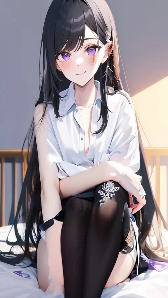 A girl in a her room, 1 girl, 独奏, semi long hair, looking at viewer, shy smile, lie on bed, from side, bashful, small breasts,((no make up)), extremely detailed eyes and face, highly detailed, 16K, ultra-detailed, high resolution, photorealistic, sharp focus, physically-based rendering, vivid colors, studio lighting, from side, Perfect Arms、I'm not wearing a skirt、