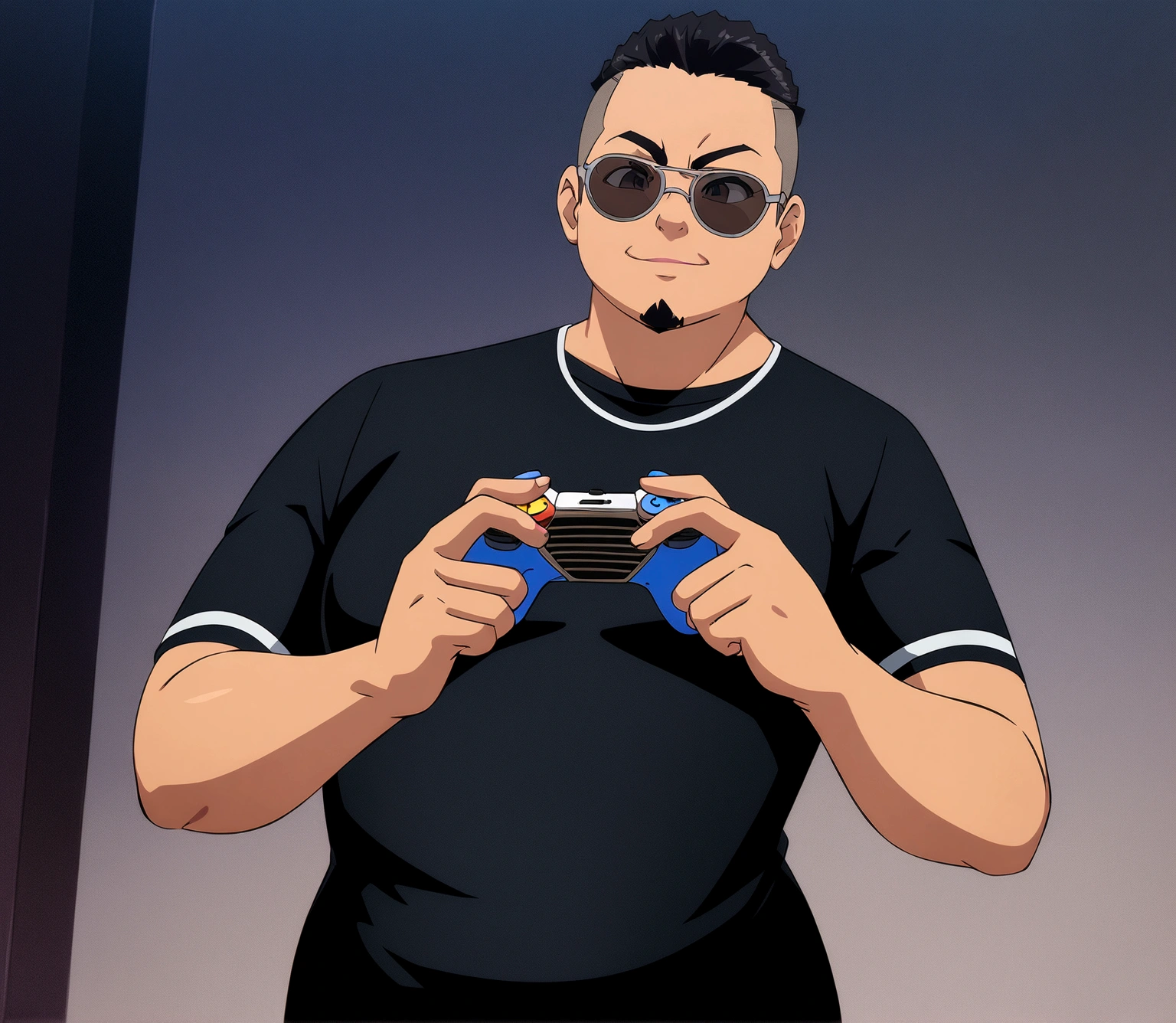 Dark-skinned man in black jacket and sunglasses standing on the street, undercut haircut, black hair, holding a controller, with circular beard, night, 8K anime badass, 4K anime wallpaper, 4K anime style, wallpaper 8K anime art wallpaper, 4K anime wallpaper, 4K anime wallpaper, 4K cartoon wallpaper, best 4K anime Konachan Wallpaper 4K Konachan Wallpaper, 4K Anime Art Wallpaper , 4K Anime Art Wallpaper