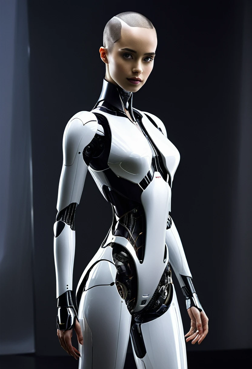 "Design a sleek and alluring female humanoid robot with a modern and sophisticated aesthetic, inspired by the graceful yet enigmatic nature of Ava from the movie Ex Machina. Emphasize seamless integration of human-like features with cutting-edge technology, capturing a sense of elegance and intrigue in your creation."
