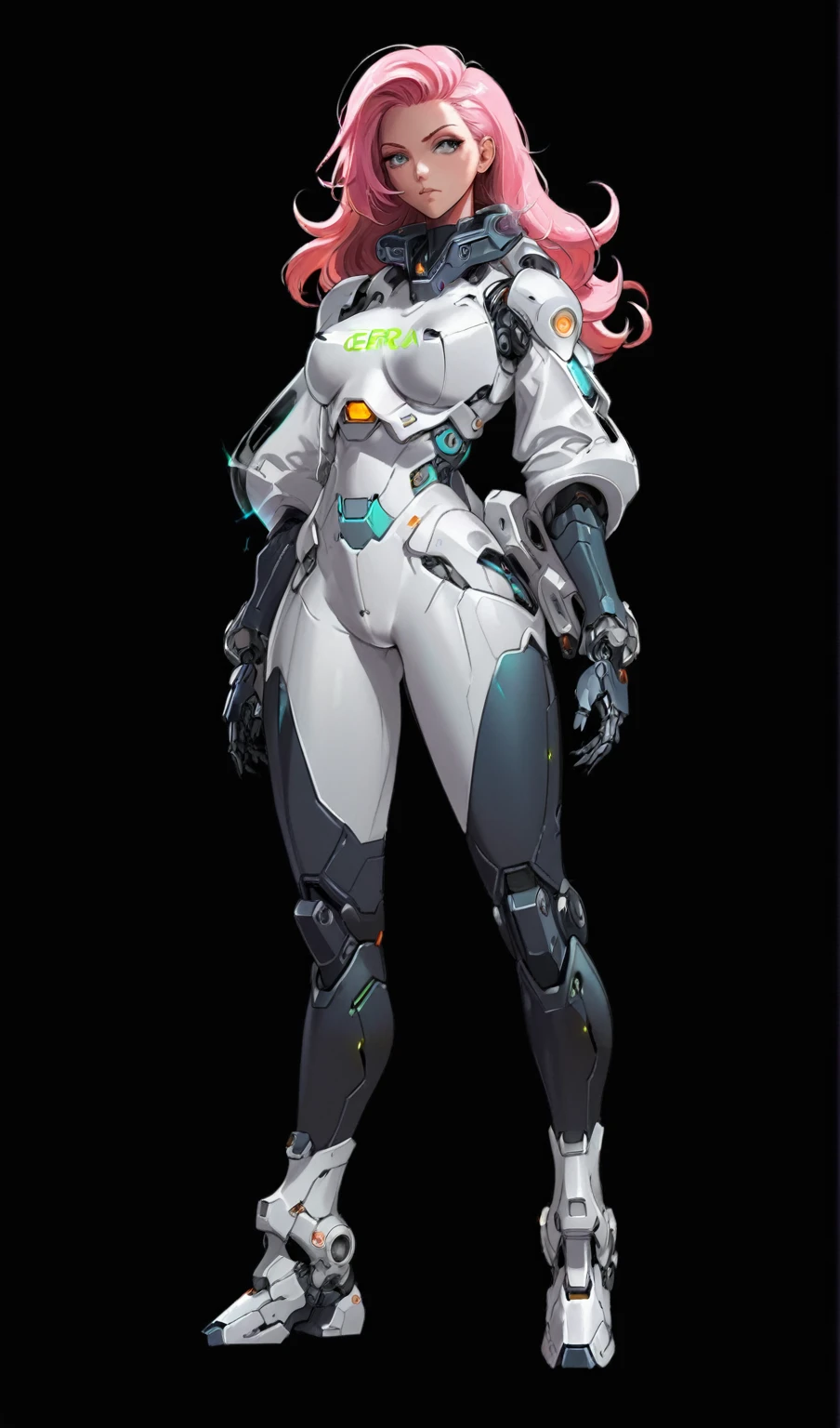 Vector Art, Flattening, smooth line art, Minimalism, graphic design aesthetics, flat illustration, (masterpiece, best quality, perfect composition, very aesthetic, absurdres, ultra-detailed, intricate details, Professional, official art, Representative work:1.3), a close up of a woman in a futuristic suit with pink hair, girl in mecha cyber armor, female mecha, mecha suit, cyberpunk anime girl mech, ferra white mecha, echo from overwatch, glossy white armor, cybersuit, sci - fi character, cyber suit, gynoid cyborg body, sci fi female character, diverse cybersuits