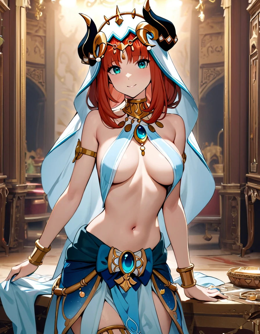 (masterpiece), best quality, expressive eyes, perfect face,Mature female,1 girl (nilou,Genshin impact),(harem outfit,exposed midriff,topless),royal bedroom background,medium breasts,smile,topless,nipple,slim figure,