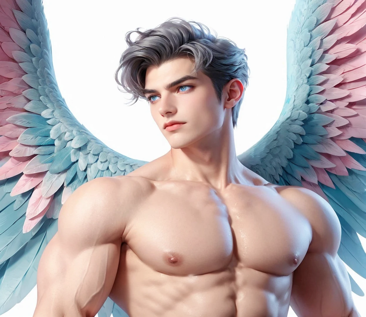 Handsome boy, gray hair, blue eyes, blue and pink wings