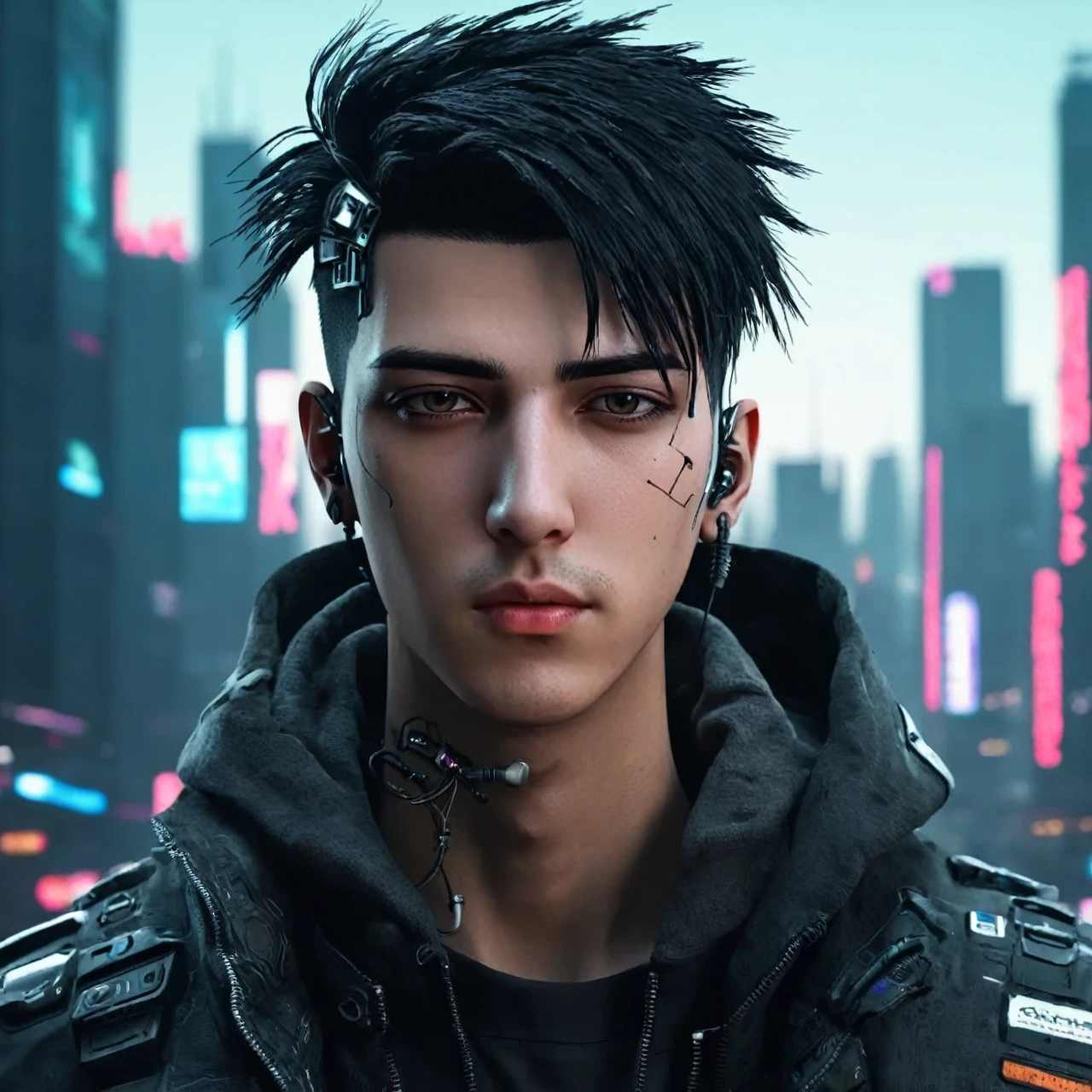 Change background cyberpunk handsome boy, realistic face, 8k, ultra realistic