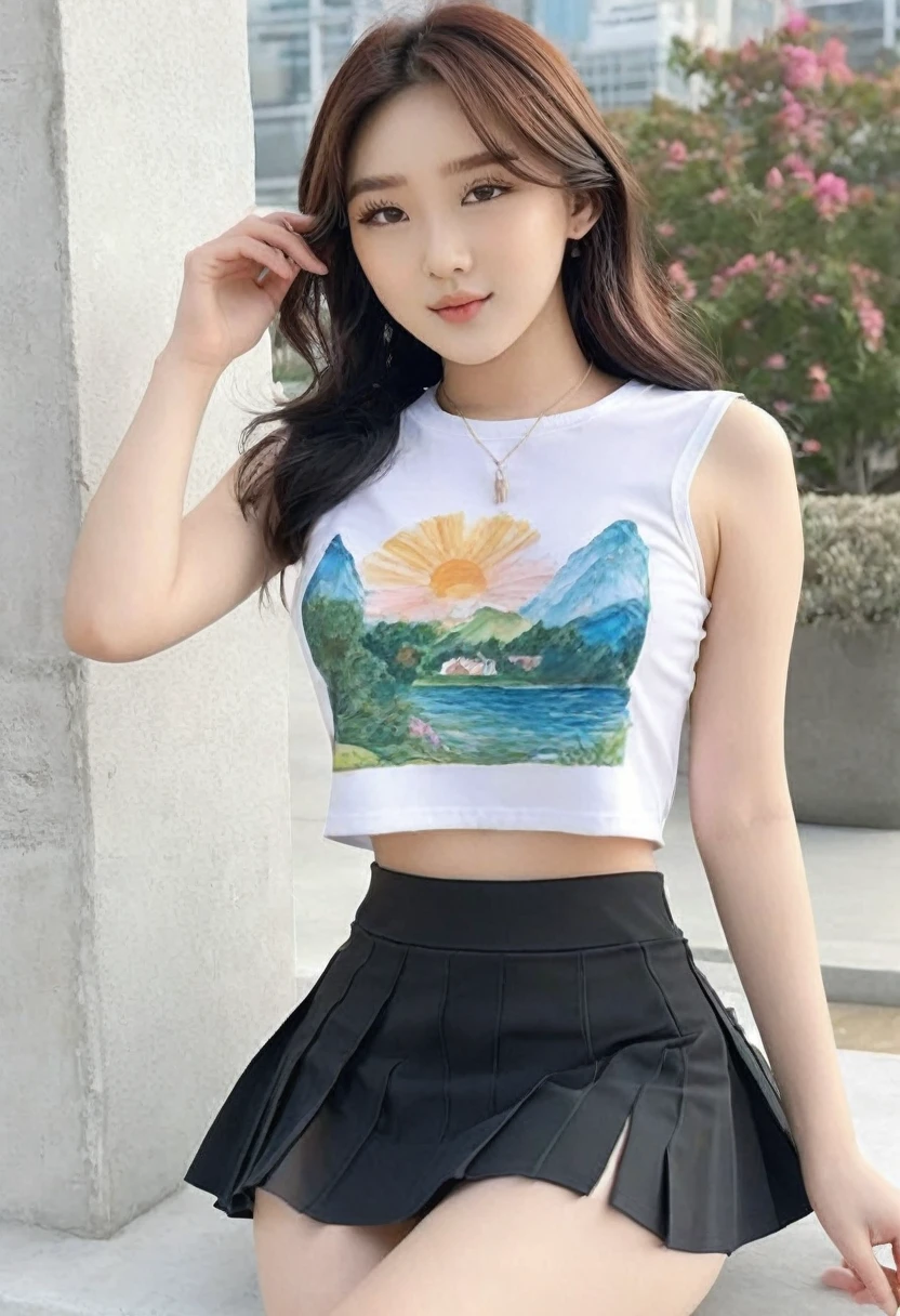 ((high quality:1.2)), work of art, (8k), extremely detailed, ((High detail:1.2)), ((best resolution:1.4)), Solo, 1girl, 24 years old Korean Ulzzang female, ((crop top, pencil micro-skirt)),