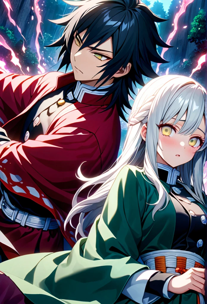 Ultra detailed, high resolution, absurd, HDR, masterpiece, anime girl and boy, beautiful woman (with long white hair with deep red streaks, woman (with yellow eyes), the woman (is wearing a red haori), in black demon slayer corps uniform, Kimetsu No Yaiba, fantasy, handsome, Tomioka Giyu, Hashira, Tomioka haori, Tomioka is serious, couple, night, forest, best quality, extremely detailed face, anime, the girl is really hurt, the girl is covered in blood ,Tomioka is a strong man, the girl is angry, Tomioka Giyu is trying to protect the pretty girl, Tomioka is protecting his lover, both are powerfull, powerfull couple, water and blood power, the girl have long hair
