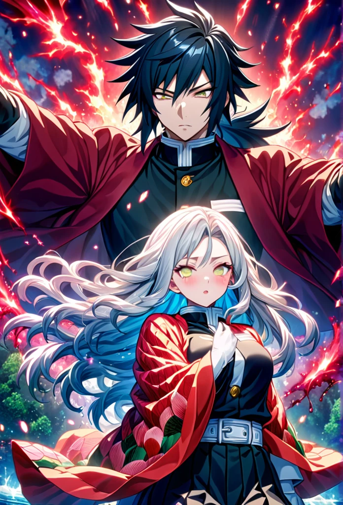 Ultra detailed, high resolution, absurd, HDR, masterpiece, anime girl and boy, beautiful woman (with long white hair with deep red streaks, woman (with yellow eyes), the woman (is wearing a red haori), in black demon slayer corps uniform, Kimetsu No Yaiba, fantasy, handsome, Tomioka Giyu, Hashira, Tomioka haori, Tomioka is serious, couple, night, forest, best quality, extremely detailed face, anime, the girl is really hurt, the girl is covered in blood ,Tomioka is a strong man, the girl is angry, Tomioka Giyu is trying to protect the pretty girl, Tomioka is protecting his lover, both are powerfull, powerfull couple, water and blood power, the girl have long hair 