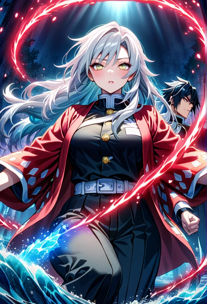 Ultra detailed, high resolution, absurd, HDR, masterpiece, anime girl and boy, beautiful woman (with long white hair with deep red streaks, woman (with yellow eyes), the woman (is wearing a red haori), in black demon slayer corps uniform, Kimetsu No Yaiba, fantasy, handsome, Tomioka Giyu, Hashira, Tomioka haori, Tomioka is serious, couple, night, forest, best quality, extremely detailed face, anime, the girl is really hurt, the girl is covered in blood ,Tomioka is a strong man, the girl is angry, Tomioka Giyu is trying to protect the pretty girl, Tomioka is protecting his lover, both are powerfull, powerfull couple, water and blood power, the girl have long hair