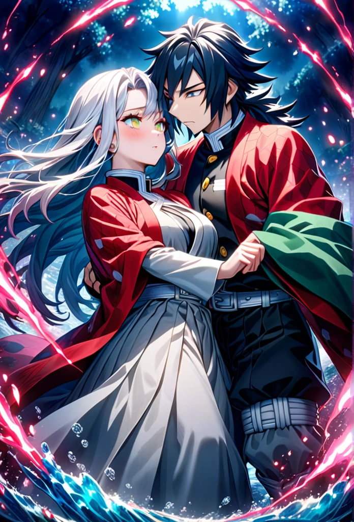 Ultra detailed, high resolution, absurd, HDR, masterpiece, anime girl and boy, beautiful woman (with long white hair with deep red streaks, woman (with yellow eyes), the woman (is wearing a red haori), in black demon slayer corps uniform, Kimetsu No Yaiba, fantasy, handsome, Tomioka Giyu, Hashira, Tomioka haori, Tomioka is serious, couple, night, forest, best quality, extremely detailed face, anime, the girl is really hurt, the girl is covered in blood ,Tomioka is a strong man, the girl is angry, Tomioka Giyu is trying to protect the pretty girl, Tomioka is protecting his lover, both are powerfull, powerfull couple, water and blood power, the girl have long hair 
