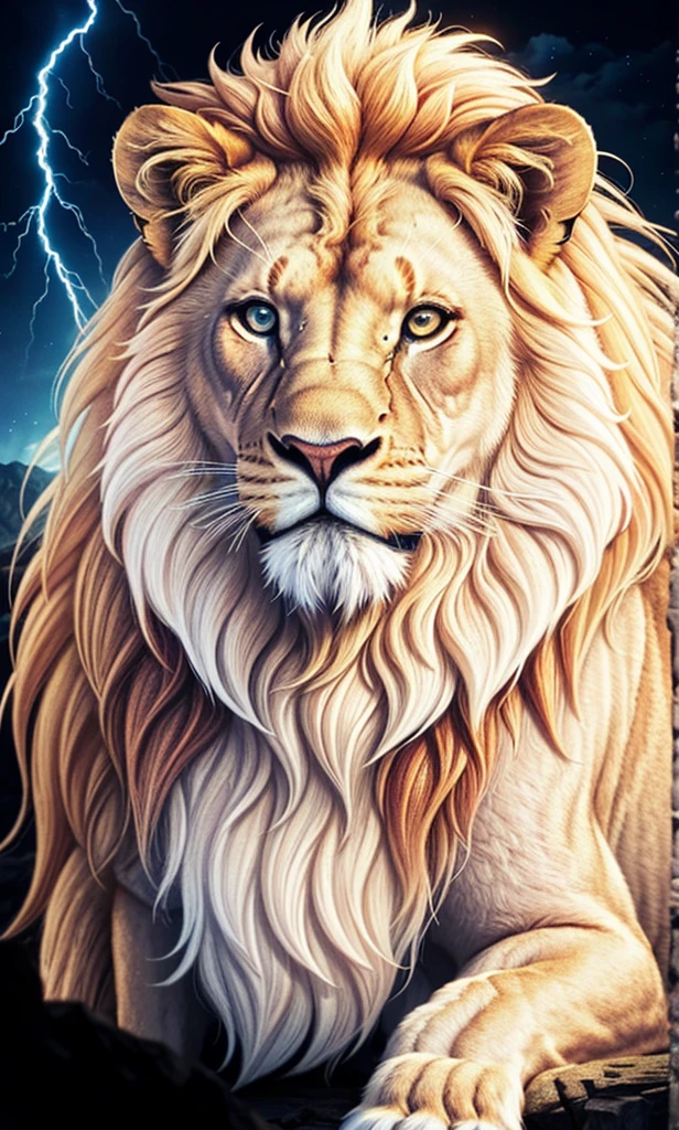 Lion, Divine Lion, naturals, thunder, Realistic Lion, rey, realistic detailed, Sunset light, sky, Sol noturno, realistic detailed 16K, Eletricidade Detalhada 8K, darkness background, Texturas realistas de 8K, Cores photorrealistic 8K, fire azul, realistic detailed Fire Bolt, sky Light Detailed, Power of thunder, Divine realistic, golden crown, golden crown, golden crown, naturey, Linda, Rendering, photorrealistic, UltraHigh definition, 4K, detailed textures, thunder, detailed shadows, detailed colors, neon blue, blue light, lightnings, blue power, naturey Linda, Great Divine, peaceful face, naturalss, lightning, Electric Power Screw, detailed contrast, realistic contrast, high resolution, detailed colors, fire, villany, divine creature, 8K FullHD, realistic detailed, 16K, 8K, High definition, detailed contrast, realistic contrast, high resolution, detailed colors, fire, villany, divine creature, 8K Realistic Lion Face, realistic detailed, posh, elegance
