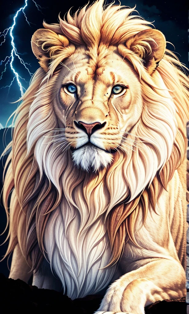 Lion, Divine Lion, naturals, thunder, Realistic Lion, rey, realistic detailed, Sunset light, sky, Sol noturno, realistic detailed 16K, Eletricidade Detalhada 8K, darkness background, Texturas realistas de 8K, Cores photorrealistic 8K, fire azul, realistic detailed Fire Bolt, sky Light Detailed, Power of thunder, Divine realistic, golden crown, golden crown, golden crown, naturey, Linda, Rendering, photorrealistic, UltraHigh definition, 4K, detailed textures, thunder, detailed shadows, detailed colors, neon blue, blue light, lightnings, blue power, naturey Linda, Great Divine, peaceful face, naturalss, lightning, Electric Power Screw, detailed contrast, realistic contrast, high resolution, detailed colors, fire, villany, divine creature, 8K FullHD, realistic detailed, 16K, 8K, High definition, detailed contrast, realistic contrast, high resolution, detailed colors, fire, villany, divine creature, 8K Realistic Lion Face, realistic detailed, posh, elegance