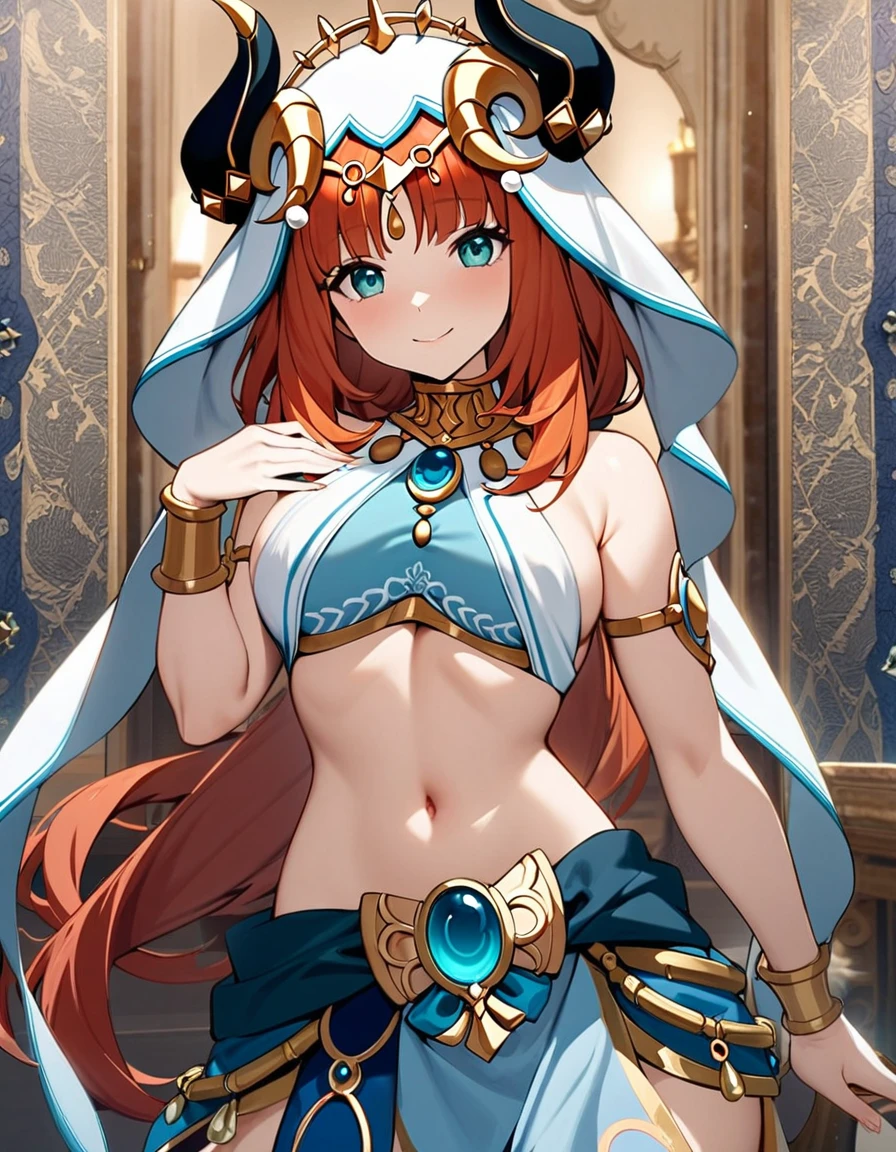 (masterpiece), best quality, expressive eyes, perfect face,Mature female,1 girl (nilou,Genshin impact),(harem outfit,exposed midriff,topless),royal bedroom background,medium breasts,smile,topless,nipple,slim figure,