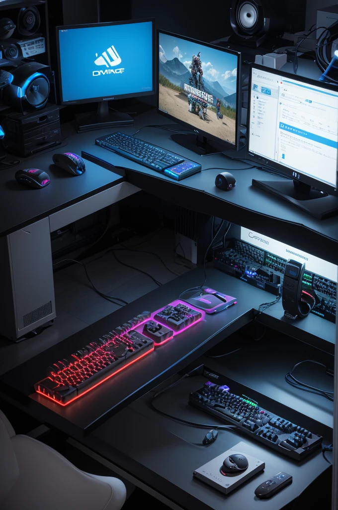Create an image of a computer desk, 2 monitors, a mechanical gaming keyboard, um mouse gamer, a gaming headset, a gaming microphone, LEDs and on the screen something programming