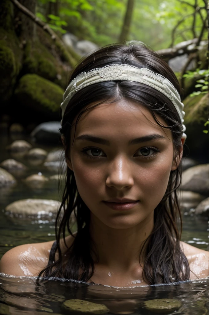 Best Quality, Masterpiece, super high resolution, A super model submerged in hot springs in Japan., outdoor hot springs, stone hot springs, surrounded by moss and trees, super beautiful face, pure body, clear pores visible, (SMILE:0.8), using division (lace headband:1.2), (realism:1.5), Photo original, soaked body, covered in sweat, bare shoulders, in the dark, deep shadows, low-key, cold light