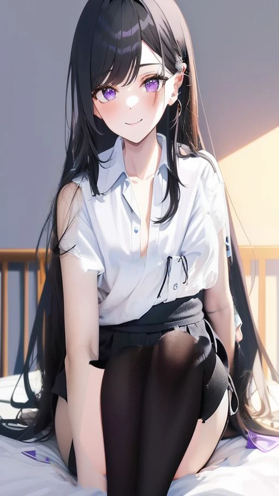 A girl in a her room, 1 girl, 独奏, semi long hair, looking at viewer, shy smile, lie on bed, from side, bashful, small breasts,((no make up)), extremely detailed eyes and face, highly detailed, 16K, ultra-detailed, high resolution, photorealistic, sharp focus, physically-based rendering, vivid colors, studio lighting, from side, Hairstyle is semi-long hair、Shoulder-length hair、Arms above the knees、I&#39;m not wearing a skirt、