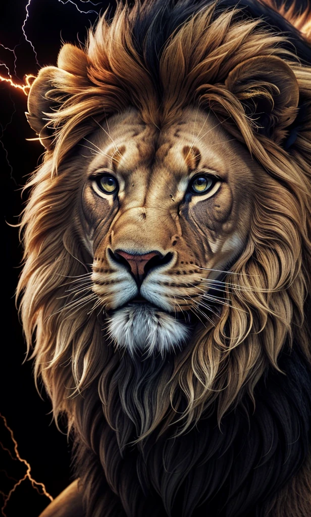 Lion, Divine Lion, naturals, thunder, Realistic Lion, rey, realistic detailed, Sunset light, sky, Sol noturno, realistic detailed 16K, Eletricidade Detalhada 8K, Darkness Background, Texturas realistas de 8K, Cores photorrealistic 8K, fire azul, realistic detailed Fire Bolt, sky Light Detailed, Power of thunder, Realistic Divine, golden crown, golden crown, golden crown, naturey, Linda, Rendering, photorrealistic, UltraHigh definition, 4K, detailed textures, thunder, detailed shadows, detailed colors, neon blue, blue light, lightning strikes, blue power, naturey Linda, Great Divine, peaceful face, naturalss, lightning strike, Electric Power Screw, detailed contrast, realistic contrast, high resolution, detailed colors, fire, villany, divine creature, 8K FullHD, realistic detailed, 16K, 8K, High definition, detailed contrast, realistic contrast, high resolution, detailed colors, fire, villany, divine creature, 8K Realistic Lion Face, realistic detailed, chic, elegance