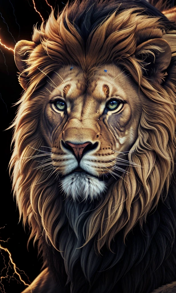 Lion, Divine Lion, naturals, thunder, Realistic Lion, rey, realistic detailed, Sunset light, sky, Sol noturno, realistic detailed 16K, Eletricidade Detalhada 8K, Darkness Background, Texturas realistas de 8K, Cores photorrealistic 8K, fire azul, realistic detailed Fire Bolt, sky Light Detailed, Power of thunder, Realistic Divine, golden crown, golden crown, golden crown, naturey, Linda, Rendering, photorrealistic, UltraHigh definition, 4K, detailed textures, thunder, detailed shadows, detailed colors, neon blue, blue light, lightning strikes, blue power, naturey Linda, Great Divine, peaceful face, naturalss, lightning strike, Electric Power Screw, detailed contrast, realistic contrast, high resolution, detailed colors, fire, villany, divine creature, 8K FullHD, realistic detailed, 16K, 8K, High definition, detailed contrast, realistic contrast, high resolution, detailed colors, fire, villany, divine creature, 8K Realistic Lion Face, realistic detailed, chic, elegance