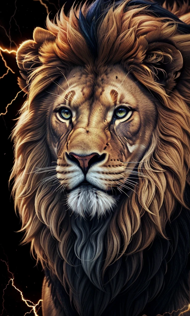 Lion, Divine Lion, naturals, thunder, Realistic Lion, rey, realistic detailed, Sunset light, sky, Sol noturno, realistic detailed 16K, Eletricidade Detalhada 8K, Darkness Background, Texturas realistas de 8K, Cores photorrealistic 8K, fire azul, realistic detailed Fire Bolt, sky Light Detailed, Power of thunder, Realistic Divine, golden crown, golden crown, golden crown, naturey, Linda, Rendering, photorrealistic, UltraHigh definition, 4K, detailed textures, thunder, detailed shadows, detailed colors, neon blue, blue light, lightning strikes, blue power, naturey Linda, Great Divine, peaceful face, naturalss, lightning strike, Electric Power Screw, detailed contrast, realistic contrast, high resolution, detailed colors, fire, villany, divine creature, 8K FullHD, realistic detailed, 16K, 8K, High definition, detailed contrast, realistic contrast, high resolution, detailed colors, fire, villany, divine creature, 8K Realistic Lion Face, realistic detailed, chic, elegance