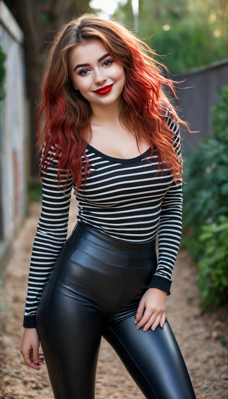 ultrarealistic high quality full body photo of a beautiful super busty slim european 19-year-old woman with cute hyperdetailed shy face and redhead shoulder length messy hair and shy smile, realistic round black eyes, red lips, dark eye makeup with eyeliner, wearing striped longsleeve and faux leather leggins, hourglass body, tanned, outdoor photography