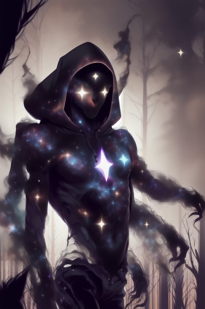 dark celestialskin body , void cosmic body, colored skin, flat color, jet black skin, a white cloak, hood on, holding an open book infront of him, silhouette,1boy,
portrait, upper body,in a forest , front view, holding a book, a flying book, flying pages.