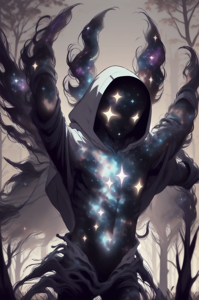 dark celestialskin body , void cosmic body, colored skin, flat color, jet black skin, a white cloak, hood on, holding an open book infront of him, silhouette,1boy, 
portrait, upper body,in a forest , front view, holding a book, a flying book, flying pages.