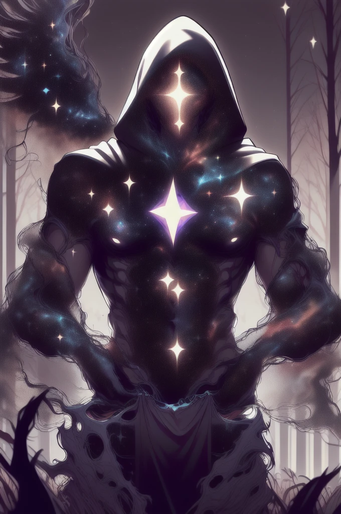 dark celestialskin body , void cosmic body, colored skin, flat color, jet black skin, a white cloak, hood on, holding an open book infront of him, silhouette,1boy, 
portrait, upper body,in a forest , front view, holding a book, a flying book, flying pages.