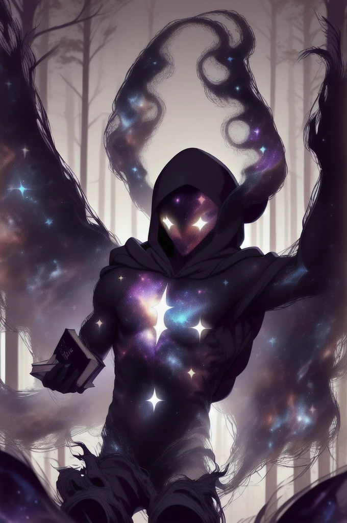 dark celestialskin body , void cosmic body, colored skin, flat color, jet black skin, a white cloak, hood on, holding an open book infront of him, silhouette,1boy,
portrait, upper body,in a forest , front view, holding a book, a flying book, flying pages.
