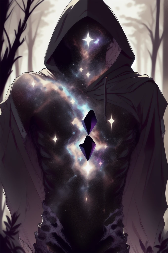 dark celestialskin body , void cosmic body, colored skin, flat color, jet black skin, a white cloak, hood on, holding an open book infront of him, silhouette,1boy, 
portrait, upper body,in a forest , front view, holding a book, a flying book, flying pages.