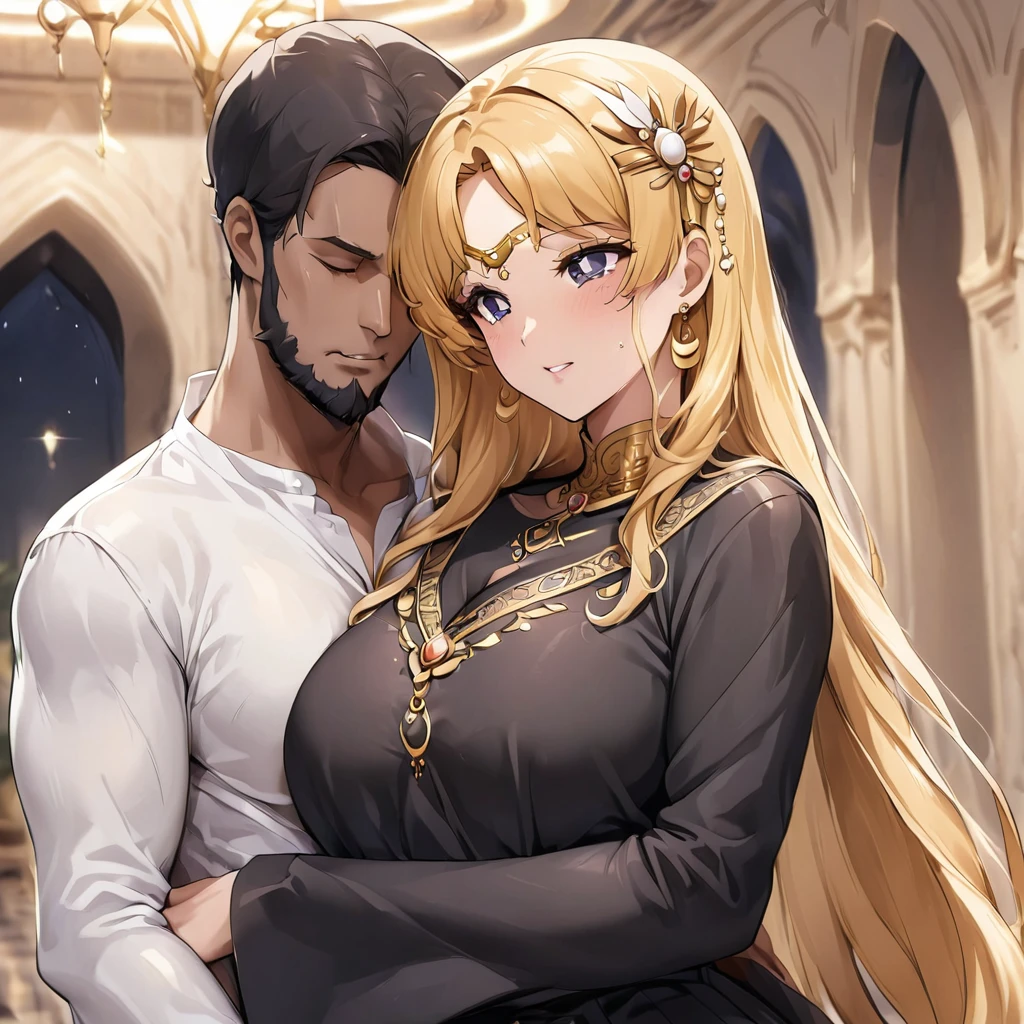 ((Highest quality)), ((masterpiece)), (detailed), (Perfect Face)、The woman is Tsukino Usagi, an Arab and devout Muslim with vivid brown skin, and is in a luxurious Islamic mansion wearing a gorgeous black abaya with gold embroidery, a gorgeous black hijab tightly covering her head, a gorgeous hair ornament, gorgeous jeweled accessories and an engagement ring. The woman and the man are in a luxurious palace, and the woman is embracing a dignified, bearded, middle-aged Arab Muslim man wearing Arab national dress.、The woman is the elegant Tsukino Usagi, with long blonde hair in a chignon twin tail, wearing a black abaya and a gorgeous black hijab tightly covering her body. She is a devout Muslim, bright brown-skinned Arab woman.、(The woman is a dark-skinned, Arab, devout Muslim named Tsukino Usagi.)、The man is a Muslim, dignified, strong-looking, bearded, middle-aged Arab man wearing traditional Arab clothing.