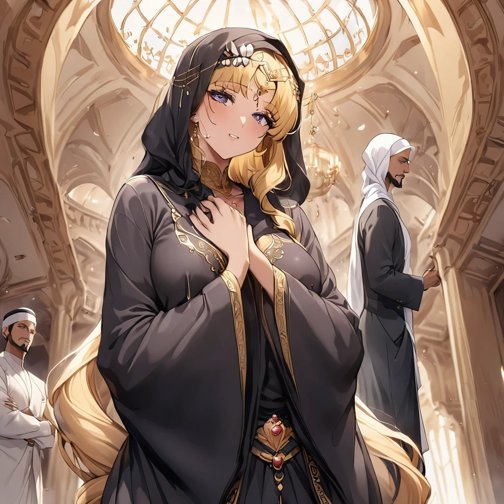 ((Highest quality)), ((masterpiece)), (detailed), (Perfect Face)、The woman is wearing a black hijab and abaya properly.、The woman is Tsukino Usagi, a devout Muslim., Arab with bright brown skin, In an Islamic prayer hall、She wears a gorgeous black abaya with gold embroidery.。, A gorgeous black hijab and niqab tightly covers her head, Gorgeous hair ornament, Gorgeous jewellery and engagement rings. The woman and the man are in a luxurious palace, And the woman、Wearing Arab national dress、In an Islamic prayer hall with a dignified bearded middle-aged Arab Muslim man。.、The woman is the elegant Tsukino Usagi, Her long blonde hair was tied in twin tails, Black abaya and、She is wearing a gorgeous, skin-tight black hijab and niqab.. She is a devout Muslim Arab with vibrant brown skin.。.、(The woman was named Tsukino Usagi.、He is a dark-skinned Arab and a devout Muslim.。.)