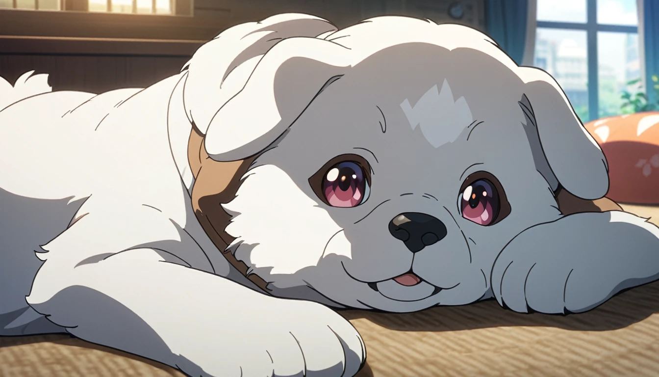solo、Looking at the viewer、Lying、indoor、Blurred、No humans、window、animal、dog、animalフォーカス、Anime Style ,masterpiece,Highest quality