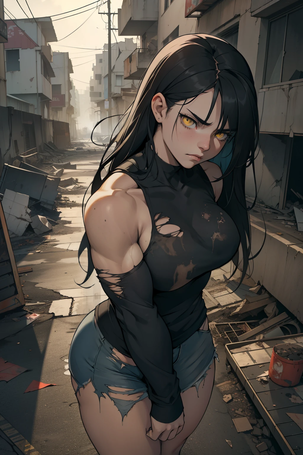 long flowing hair muscular girl she's sad the streets are empty dark and destroyed looking at camera the atmosphere is heavy she's and very thick she's alone and there a gloomy atmosphere going on black hair yellow eyes pale skin tattered clothes and grimy torn clothing dirty the buildings are destroyed ((from above))