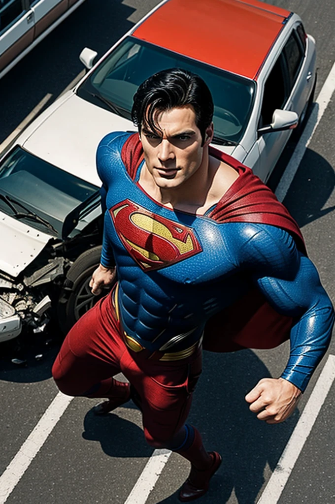 Superman saving people from a traffic accident