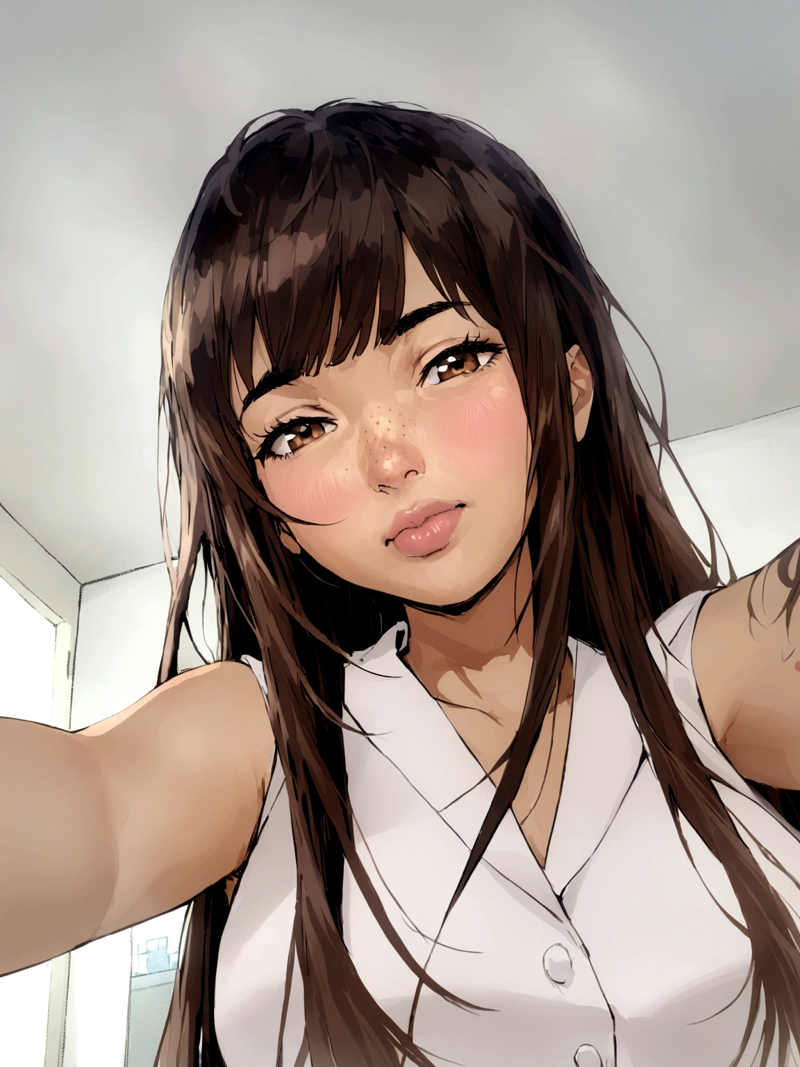 Young woman with long brown hair and short bangs parted in the middle, with white blouse presenting work at college, brown eyes, few freckles on the nose, square face