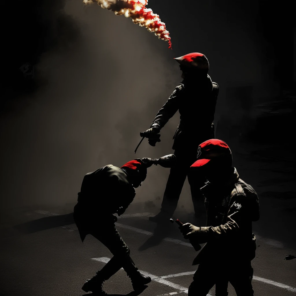 (very sharp result) (((textile shading))), (((Best Quality))), (((masterpiece))), (((hyper realistic photo))) on war situation (dramatic candid photography) contrast backlight shade lighting treatment: (iconic banksy pose) dramatic shade of a boy with cap & scarf throw a molotov cocktail bomb on riot situation, full smoke, red mood lighting