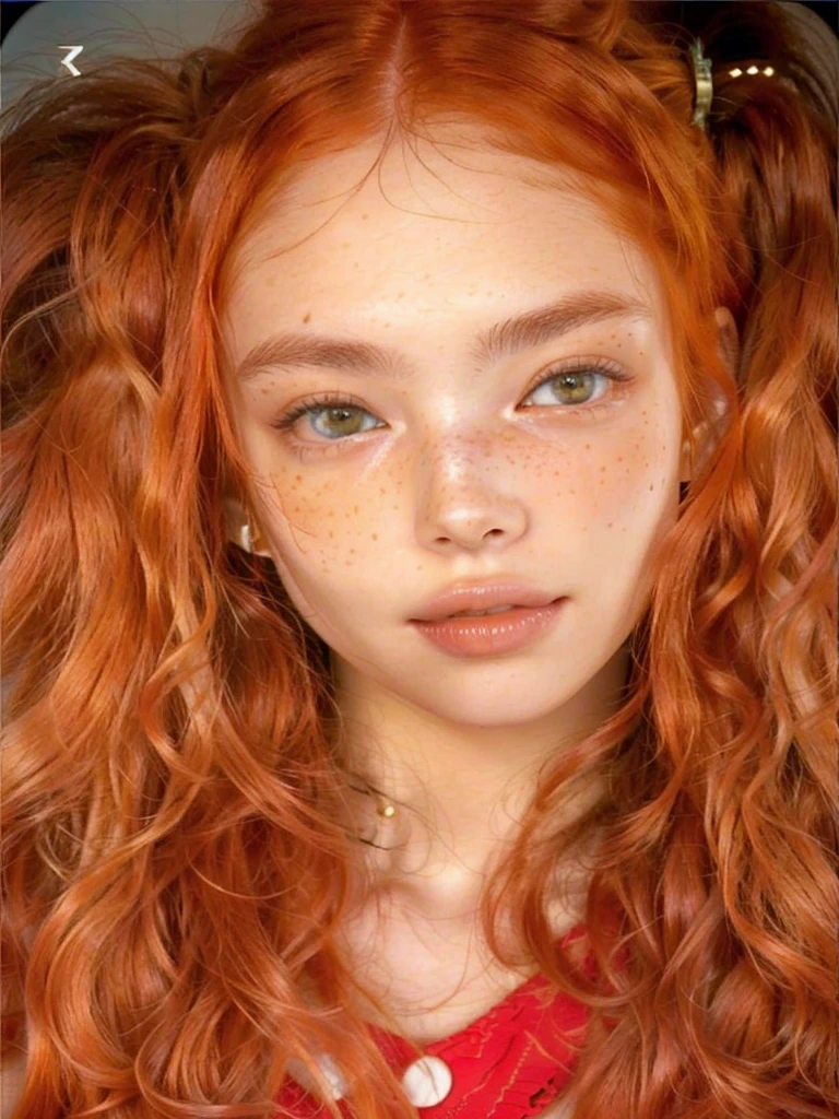 a close up of a woman with red hair and freckles on her face, madison beer like leeloo, with curly red hair, ginger hair with freckles, red hair and freckles, copper colored curly hair, orange skin and long, fiery hair, glowing orange hair, with freckles, red hair and attractive features, she has long curly hair, cute freckles, small freckles