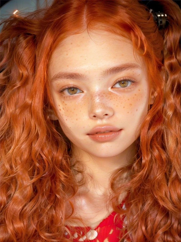 a close up of a woman with red hair and freckles on her face, madison beer like leeloo, with curly red hair, ginger hair with freckles, red hair and freckles, copper colored curly hair, orange skin and long, fiery hair, glowing orange hair, with freckles, red hair and attractive features, she has long curly hair, cute freckles, small freckles