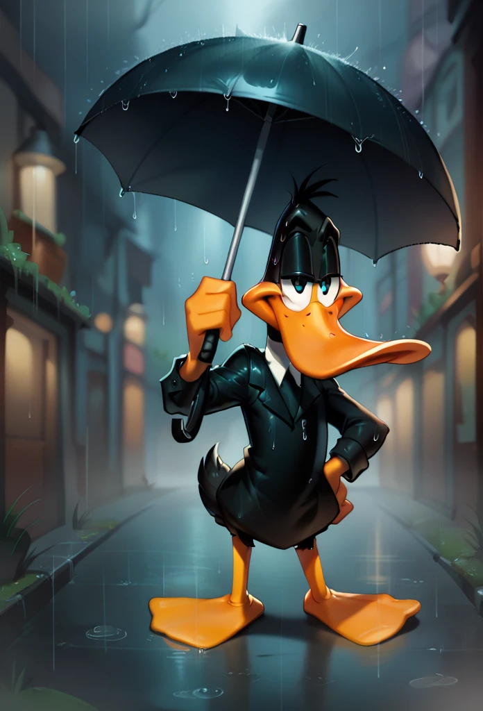 (daffy duck:1.2) blink one eye standing by holding a umbrella in a heavy rain