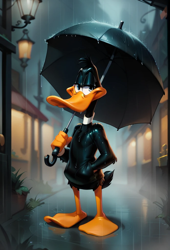 (daffy duck:1.2) blink one eye standing by holding a umbrella in a heavy rain 