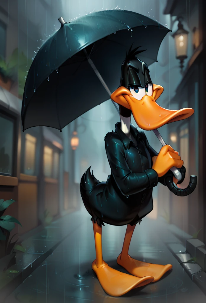 (daffy duck:1.2) blink one eye standing by holding a umbrella in a heavy rain 