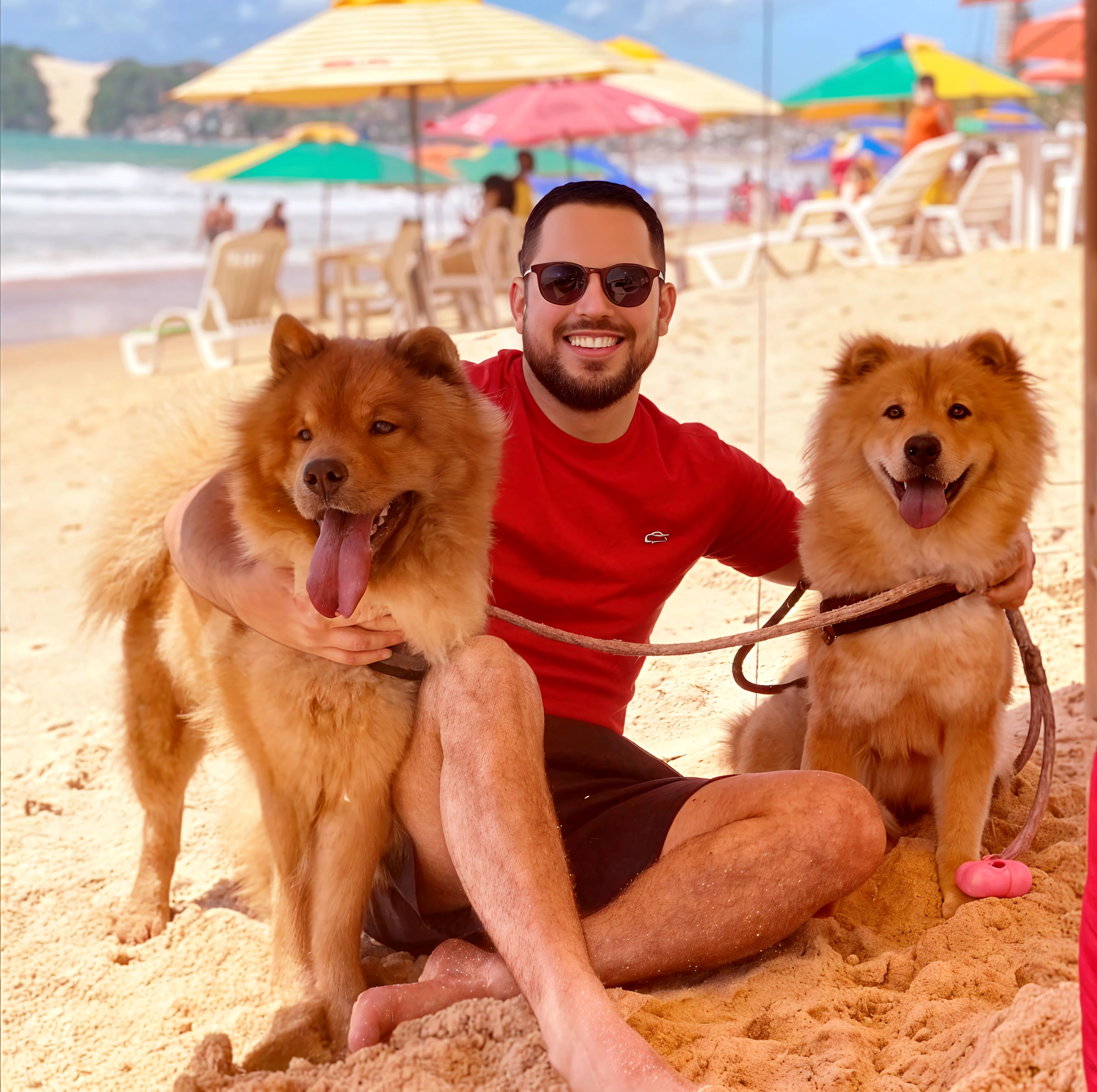 there is a man holding a puppy on a beach with a blue ocean in the background, with his hyperactive little dog, eric wareheim with a corgi, holding a pug for a picture, mikko, vacation photo, by Bernie D’Andrea, with dogs, friendly guy and small creature, profile image, seth aaron rogen, paulie shore