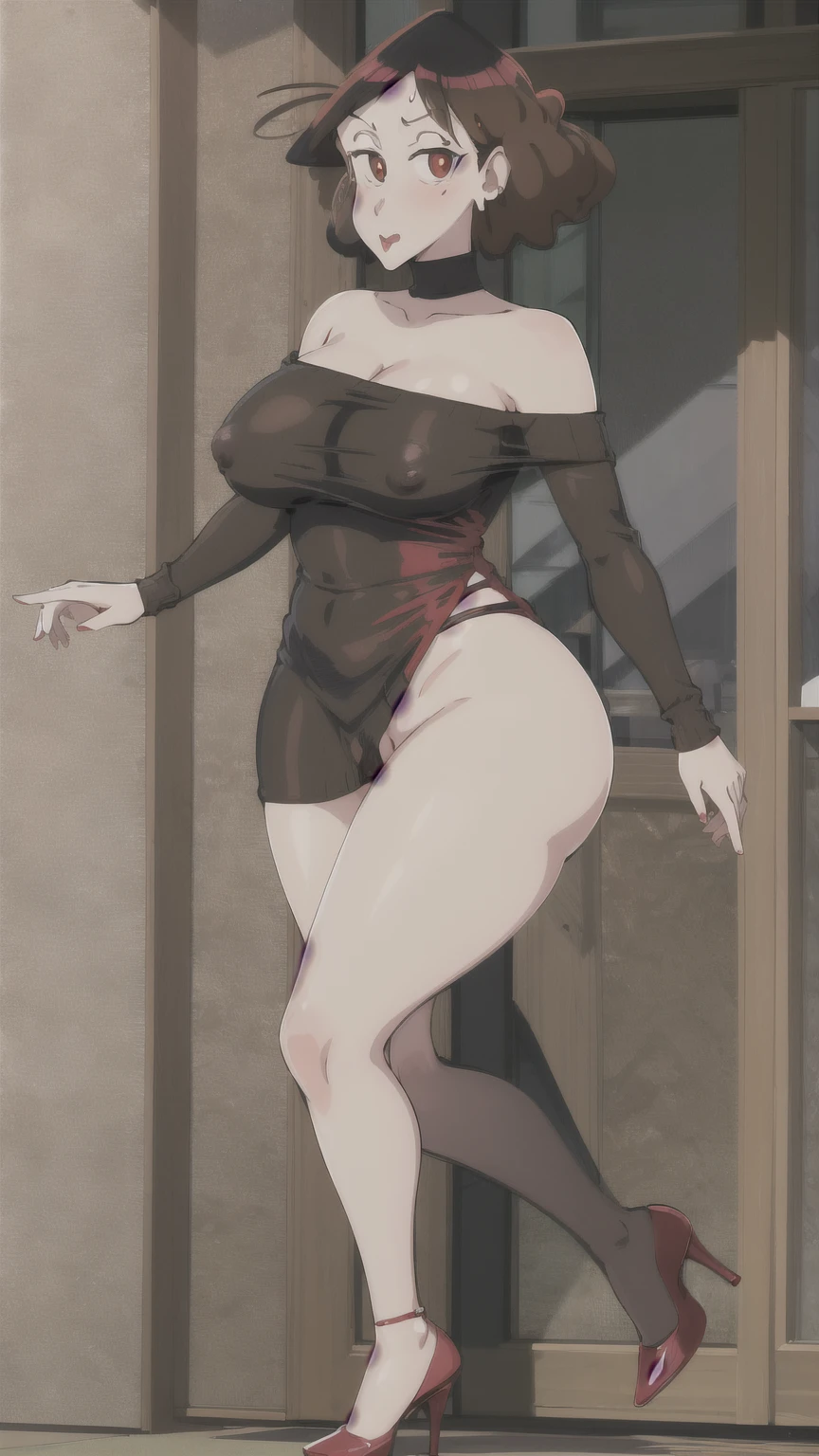 (NSFW), Misae Nohara, milf, thick thighs, sexy legs, hourglass figure, half naked, Looking at the viewer with seductive eyes, man woman sex, exposed breasts, brown short black hair, seductive expressions, seductive pose, hard nipples, exposed vagina, hard sex, best quality, highres, bbyorf, gold earrings, large breasts, jewelry, off shoulder, red transparent sweater black stockings, high heels, sweater transparent dress, long sleeves, no panties, outdoors,
