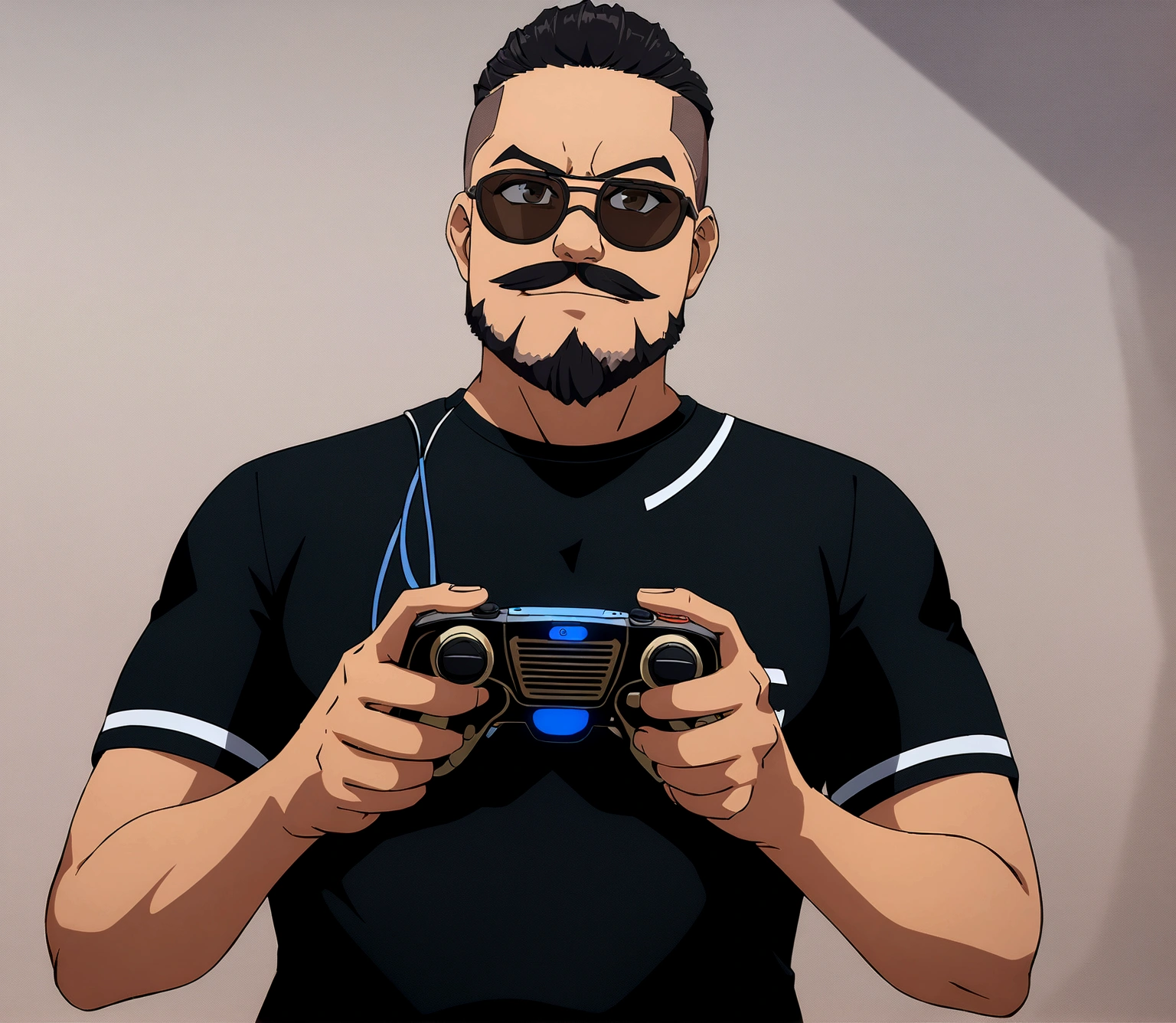 Dark-skinned man in black jacket and sunglasses standing on the street, undercut haircut, black hair, holding a controller, includes a beard area on the chin that connects to the mustache, 8K anime badass, 4K anime wallpaper, 4K anime style, wallpaper 8K anime art wallpaper, 4K anime wallpaper, 4K anime wallpaper, 4K cartoon wallpaper, best 4K anime Konachan Wallpaper 4K Konachan Wallpaper, 4K Anime Art Wallpaper , 4K Anime Art Wallpaper