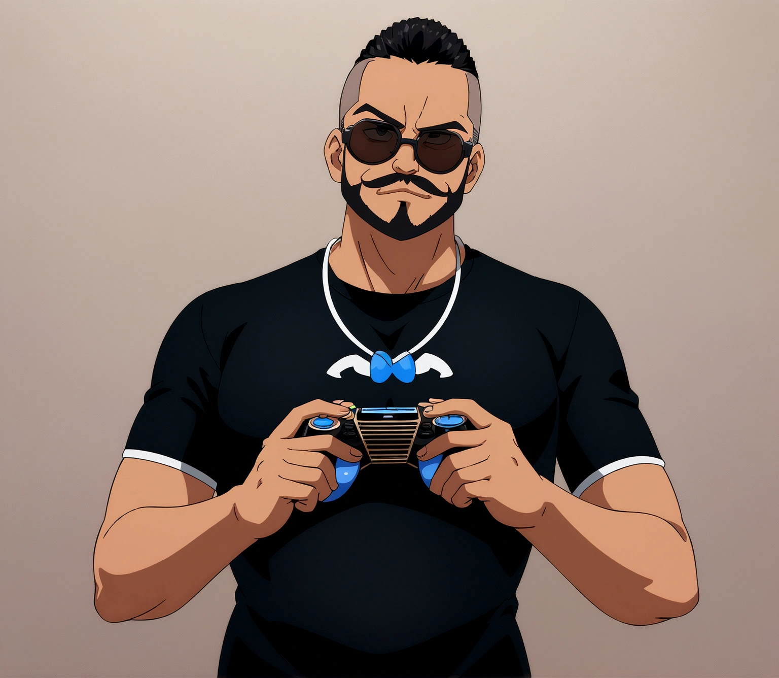 Dark-skinned man in black jacket and sunglasses standing on the street, undercut haircut, black hair, holding a controller, includes a beard area on the chin that connects to the mustache, 8K anime badass, 4K anime wallpaper, 4K anime style, wallpaper 8K anime art wallpaper, 4K anime wallpaper, 4K anime wallpaper, 4K cartoon wallpaper, best 4K anime Konachan Wallpaper 4K Konachan Wallpaper, 4K Anime Art Wallpaper , 4K Anime Art Wallpaper